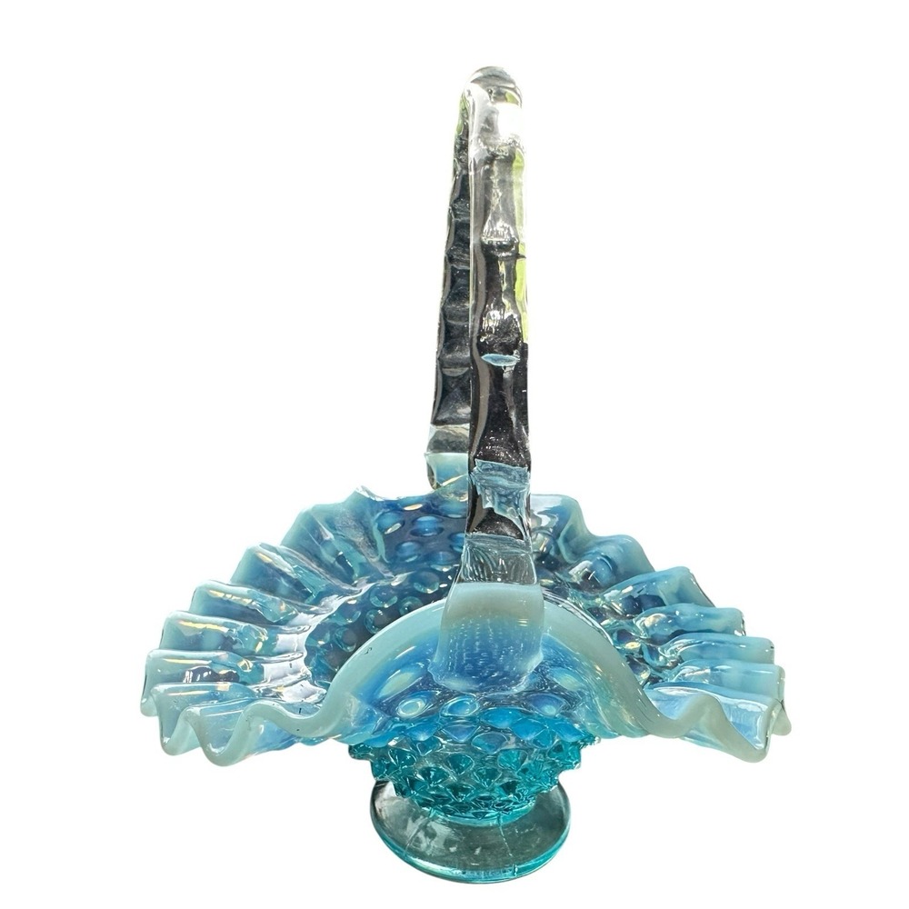 Fenton Blue Opalescent Glass Hobnail 6" Ruffled Basket w/ Crimped Handle Vintage